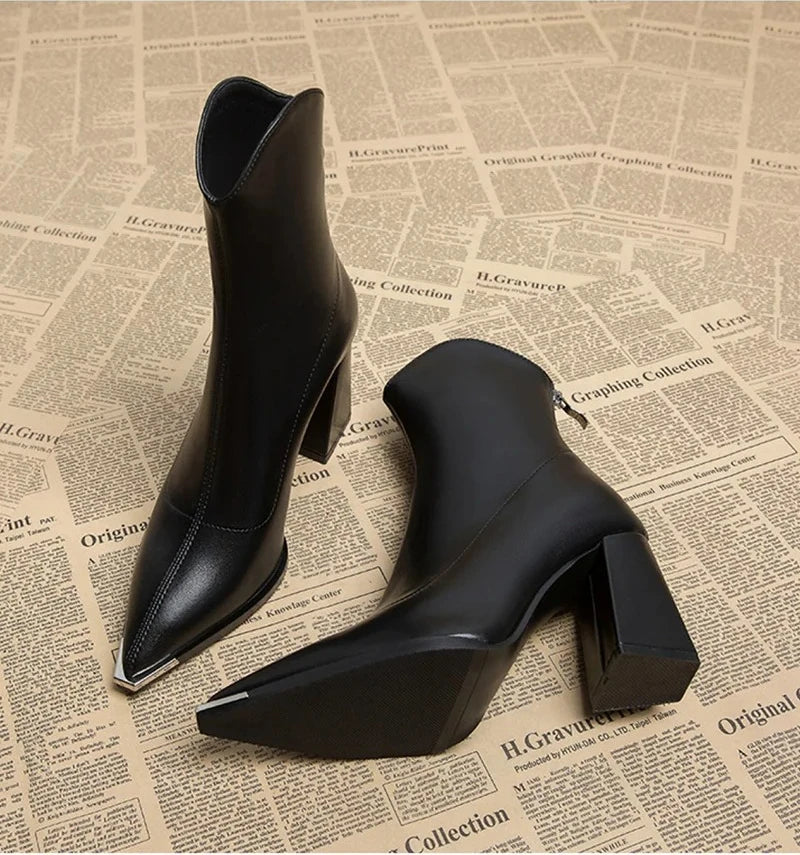 Pointed Toe Women's Ankle Boots Fashion Back Zippers Short Botas Ladies Elegant Square High Heel Winter Women's Footwear