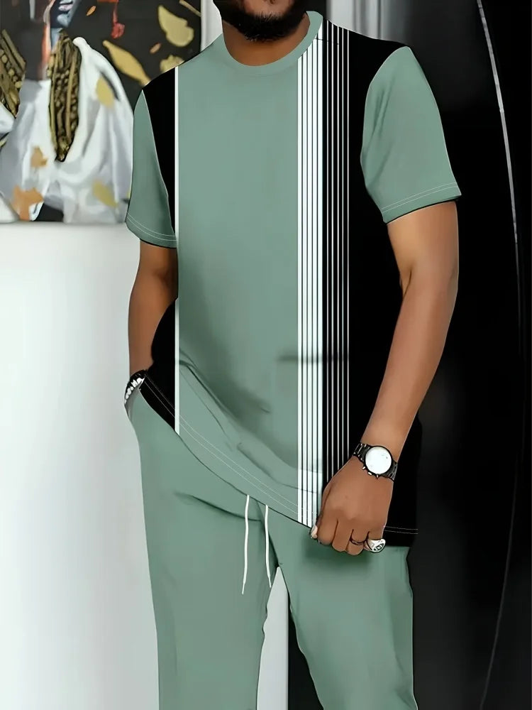 Summer Men's Short-Sleeve Suit Striped Print Short-Sleeve Top Paired With Tailored Trousers Outdoor & Streetwear Two-Piece Set
