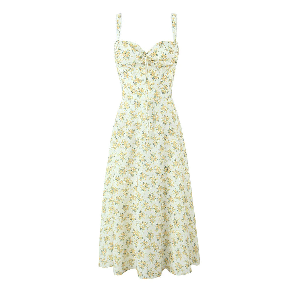 YENKYE Sexy Elegant Women Lace Patchwork Floral Print Sling Midi Dresses Holiday Summer Lady Party Vestidos Cotton Robe