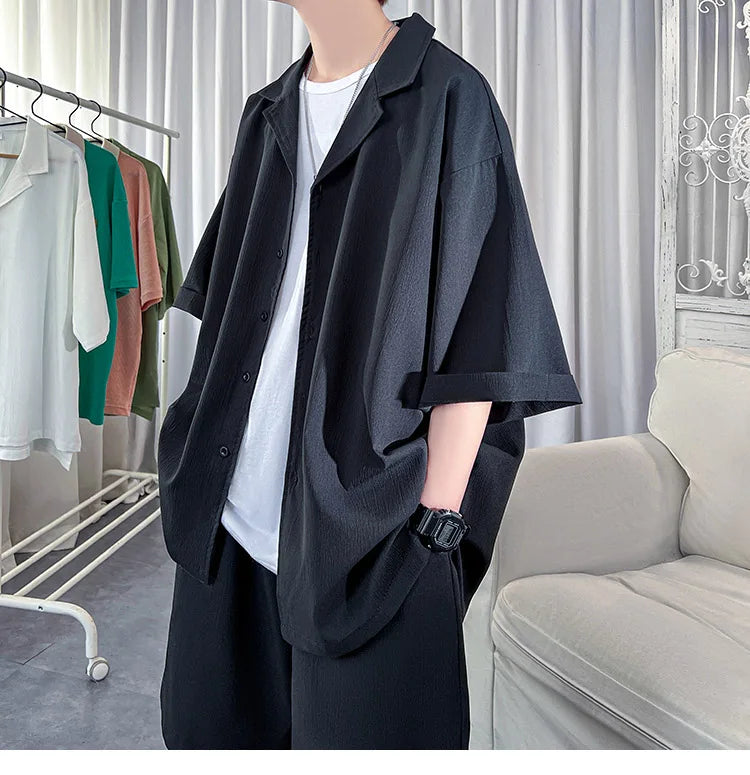 Korean Style Men's Set Shirt+Shorts Solid Short Sleeve Top Matching Bottoms Summer Fashion Oversized Clothing Men