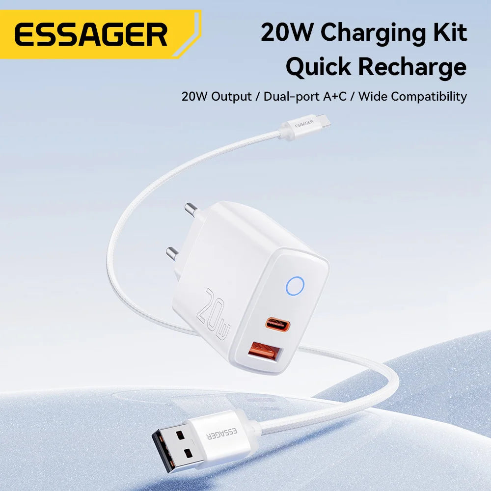 Essager 20W USB Type C Charger 3A PD Quick Charge With Type-C Lighting Micro Cable Fast Charging For iPhone 17 16 Xiaomi Huawei