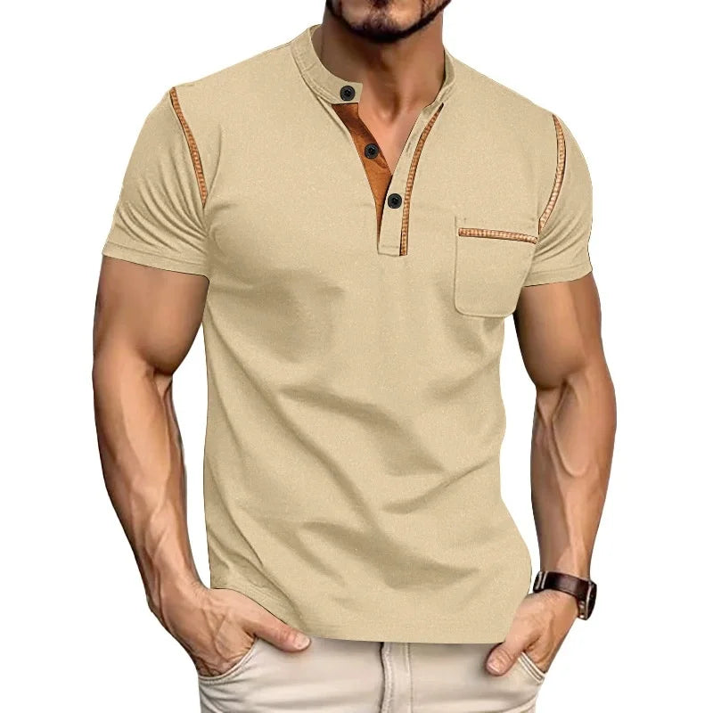 Summer men's fashionable Henry collar half-button short-sleeved moisture-wicking breathable casual American stretch T-shirt top