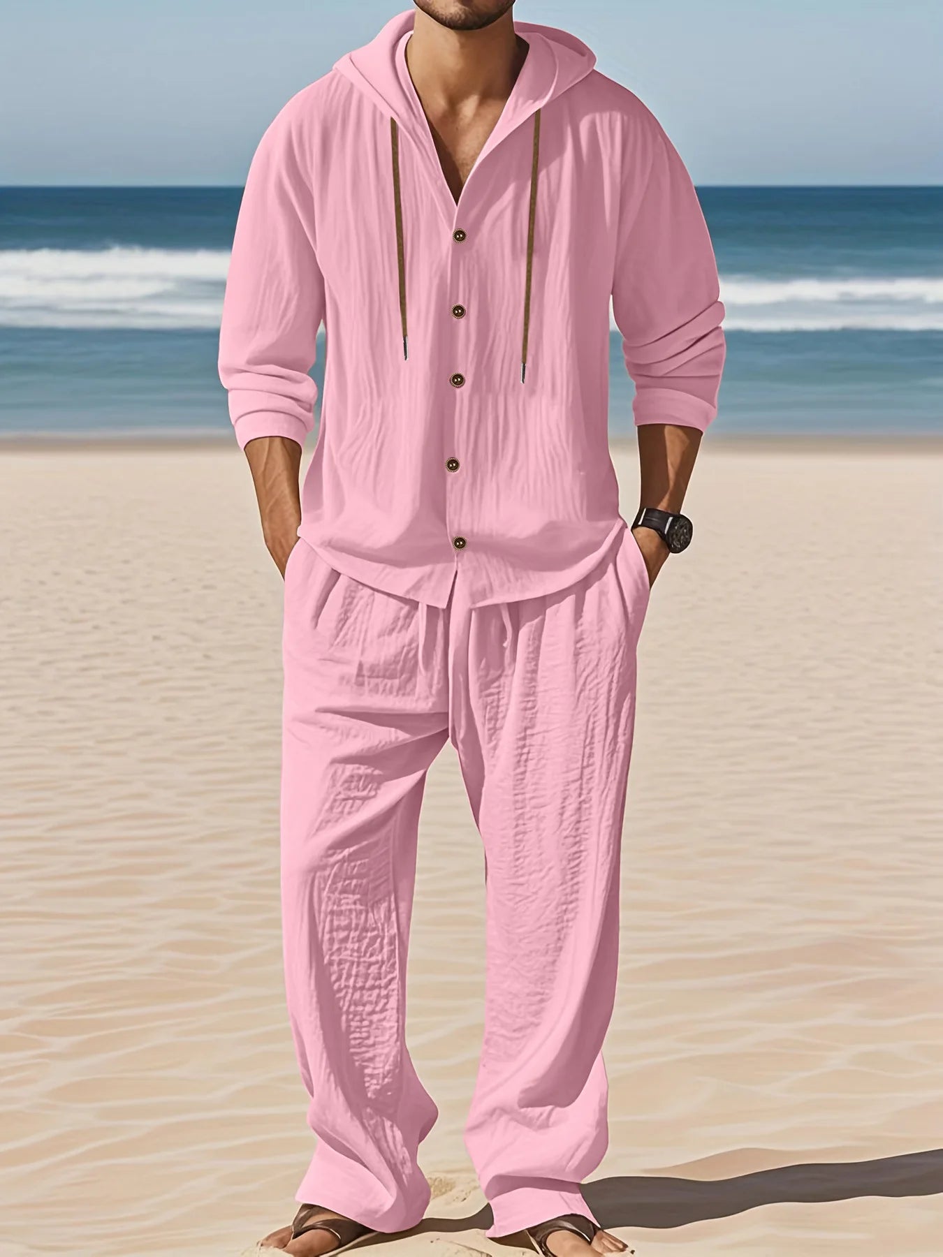 Men's Linen Long-Sleeved Shirt And Pants Set Breathable Outdoor Leisure Hiking Beach Sports Clothing for Spring Summer Autumn