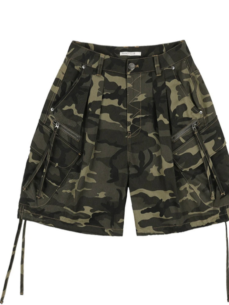 Women's Techwear Camo Cargo Shorts Streetwear High Waist Loose Multi-Pocket Zipper Drawstring Casual Harajuku Summer Bottoms