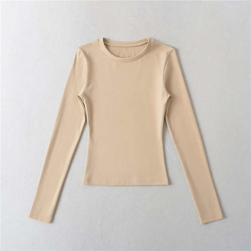 LUNDUNSHIJIA O-neck Long Sleeve T-shirts For Women 2025 New Spring Ladies Solid Cotton Slim Tee Shirts 10 Colors
