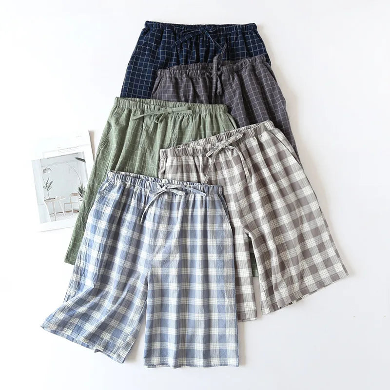 New 2026 Men's Sleepwear Pajama Shorts Plaid Design 100% Cotton Casual Loose Double-layer Homewear Sleep Bottoms Male Home Pants