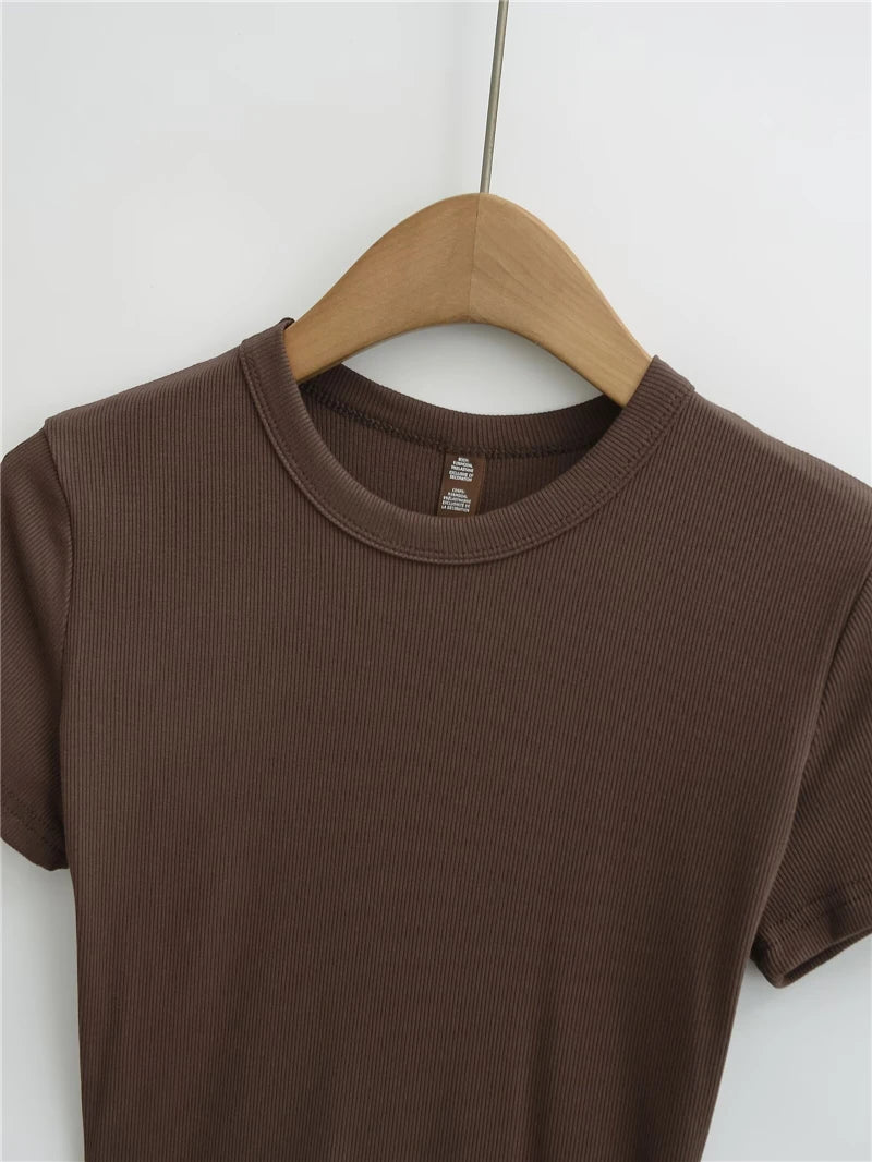 LUNDUNSHIJIA 2025 Summer Sexy Women Basic Small O-neck Short Sleeve T-shirt Ladies Slim Elasticity Cotton Short Style Tee Tops