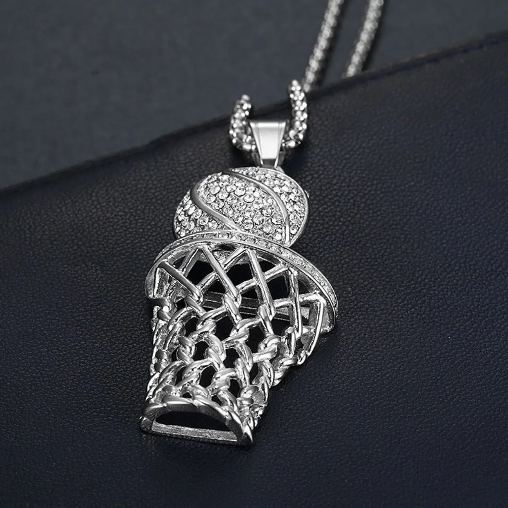 Hip Hop Iced Out Bling Basketball Basket Pendant Stainless Steel Cubic Zirconia Fans Sports Necklace for Women Men Jewelry Gift