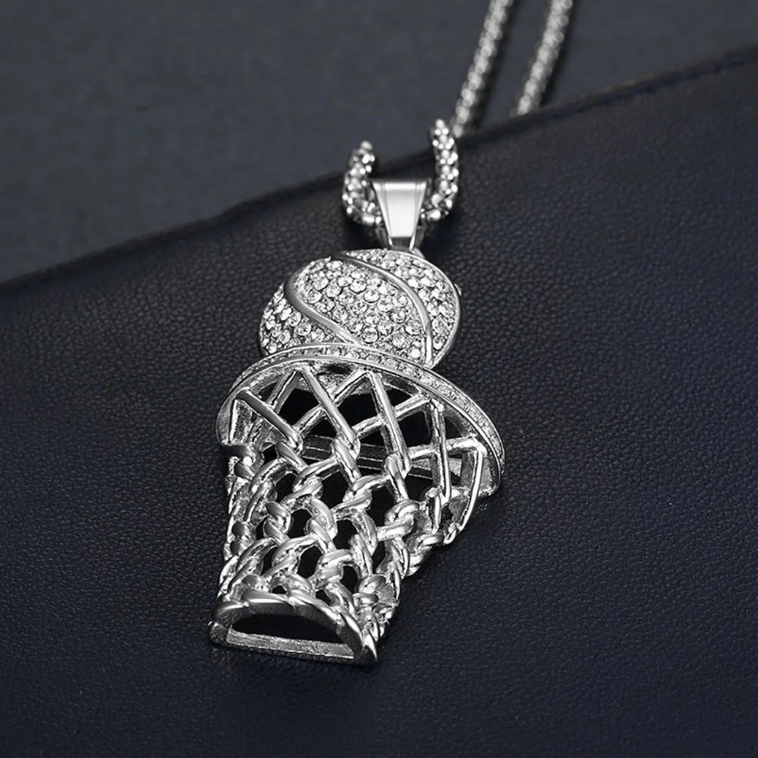 Hip Hop Iced Out Bling Basketball Basket Pendant Stainless Steel Cubic Zirconia Fans Sports Necklace for Women Men Jewelry Gift