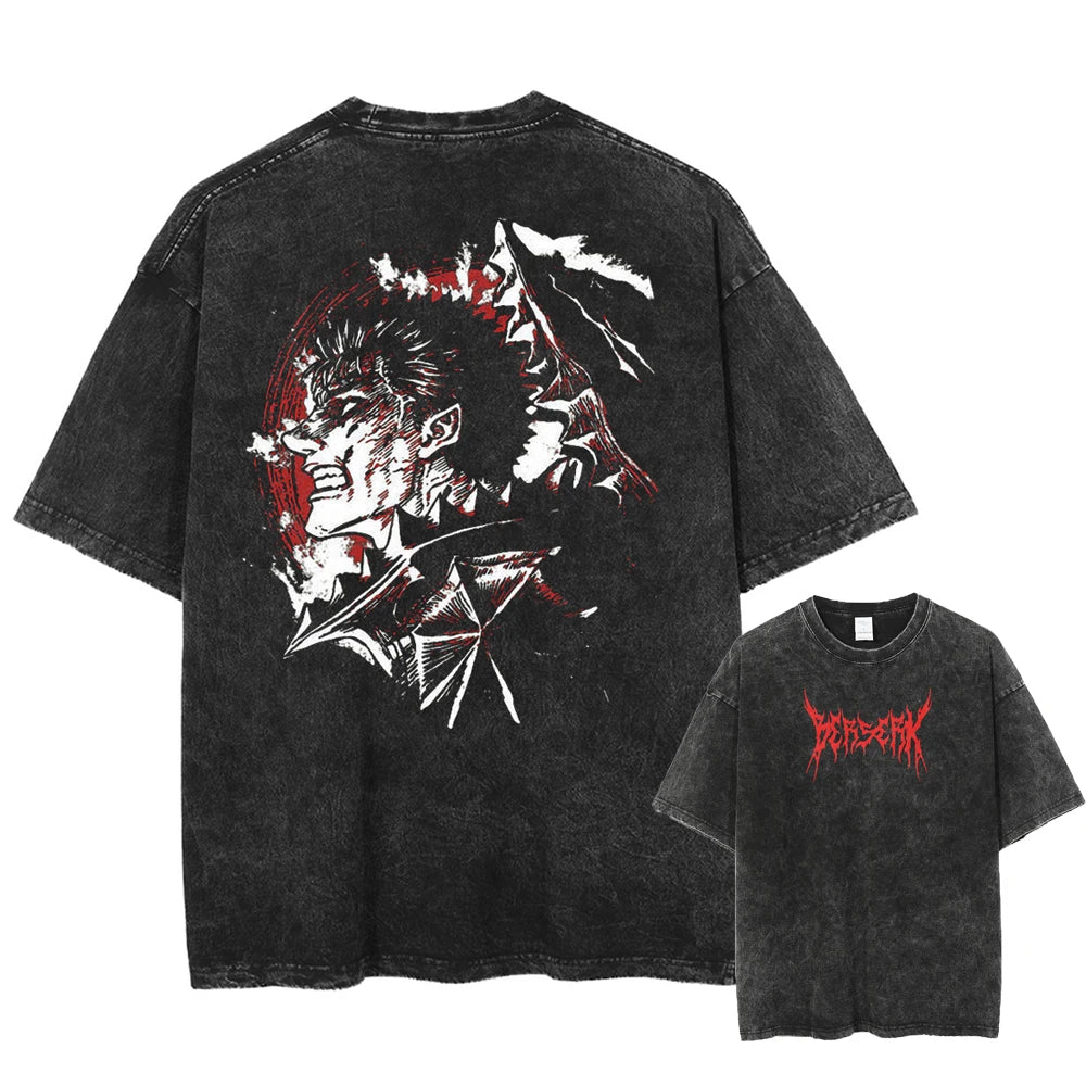 Anime Berserk Guts Printed Washed T-shirt Men Manga Street Tshirts Washed Cotton Harajuku Male Vintage Gothic Tops T Shirt