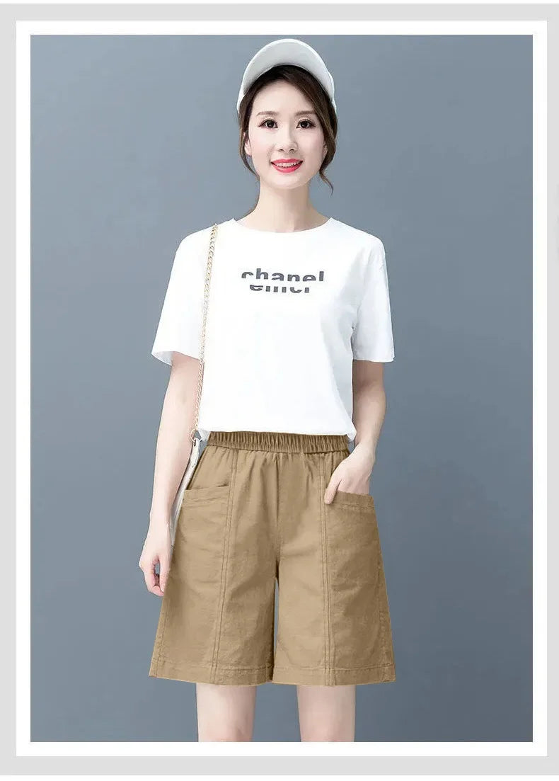 Summer Casual Loose High Waist Slimming Cotton Wide Leg Five-Quarter Length Women's Shorts Versatile Workwear Style Shorts
