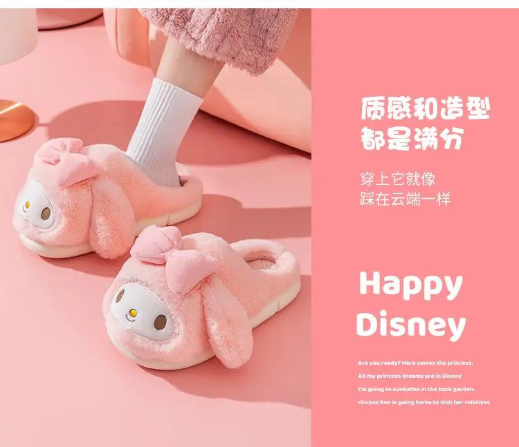 Sanrio Plush Slippers Women My Melody Kawaii Anime Cinnamoroll Cotton Shoes Flat Autumn Winter Keep Warm Non-Slip Cute Girl Gift