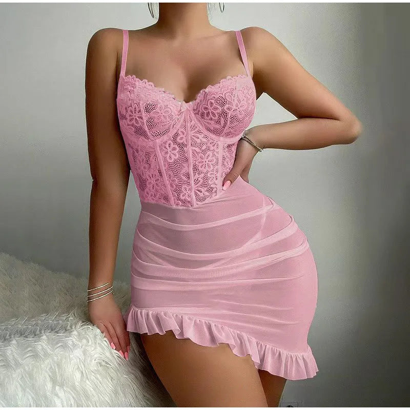 Transparent Underwire Bra Erotic Set Sexy Fairy Lingerie Women's See Through Lace Nightdress Pajamas Sets Delicate Sexy Nighty