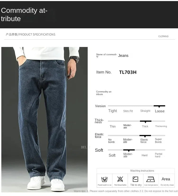 Autumn Winter  Brand New High Waist Jeans Classic Business Casual Office Men's Fashion Stretch Slim Denim Jeans Navy Blue