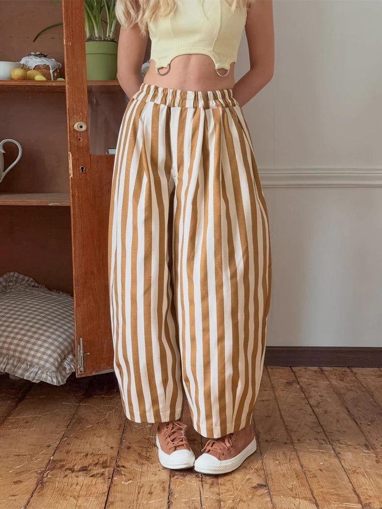 Red White Striped Balloon Pants Women's Elastic Waist Wide Leg Baggy Casual Trouser 2026 Summer New Streetwear Loose Fit Pants
