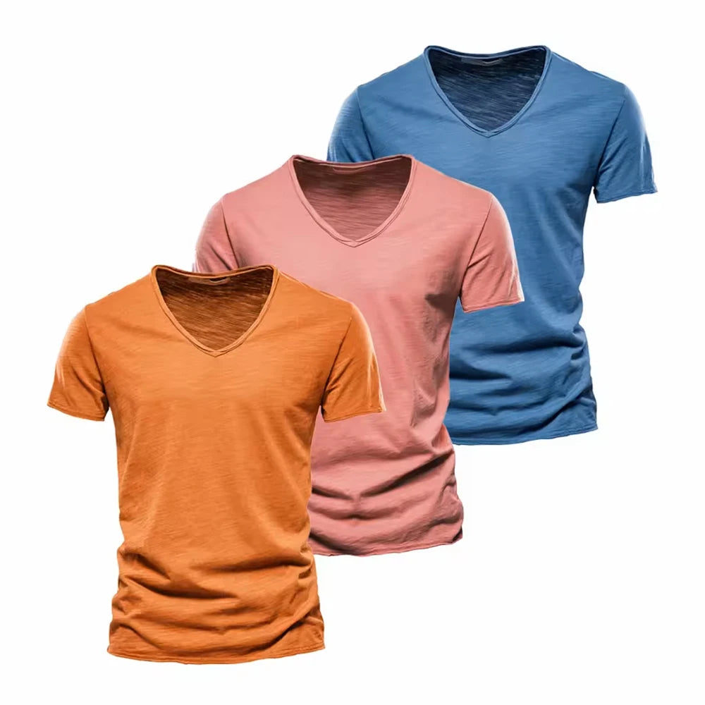 S-5XL 100% Cotton Men's T-Shirts Fashion Design V-neck Casual Slim Fit Basic Solid Summer T Shirt For Men-F037