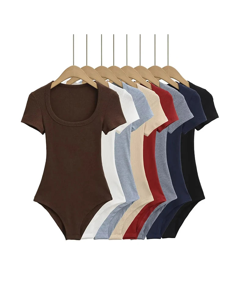 Women Short Sleeve Square Collar Bodysuits Summer Rib Knitted Elastic Slim Top Jumpsuits Solid Color