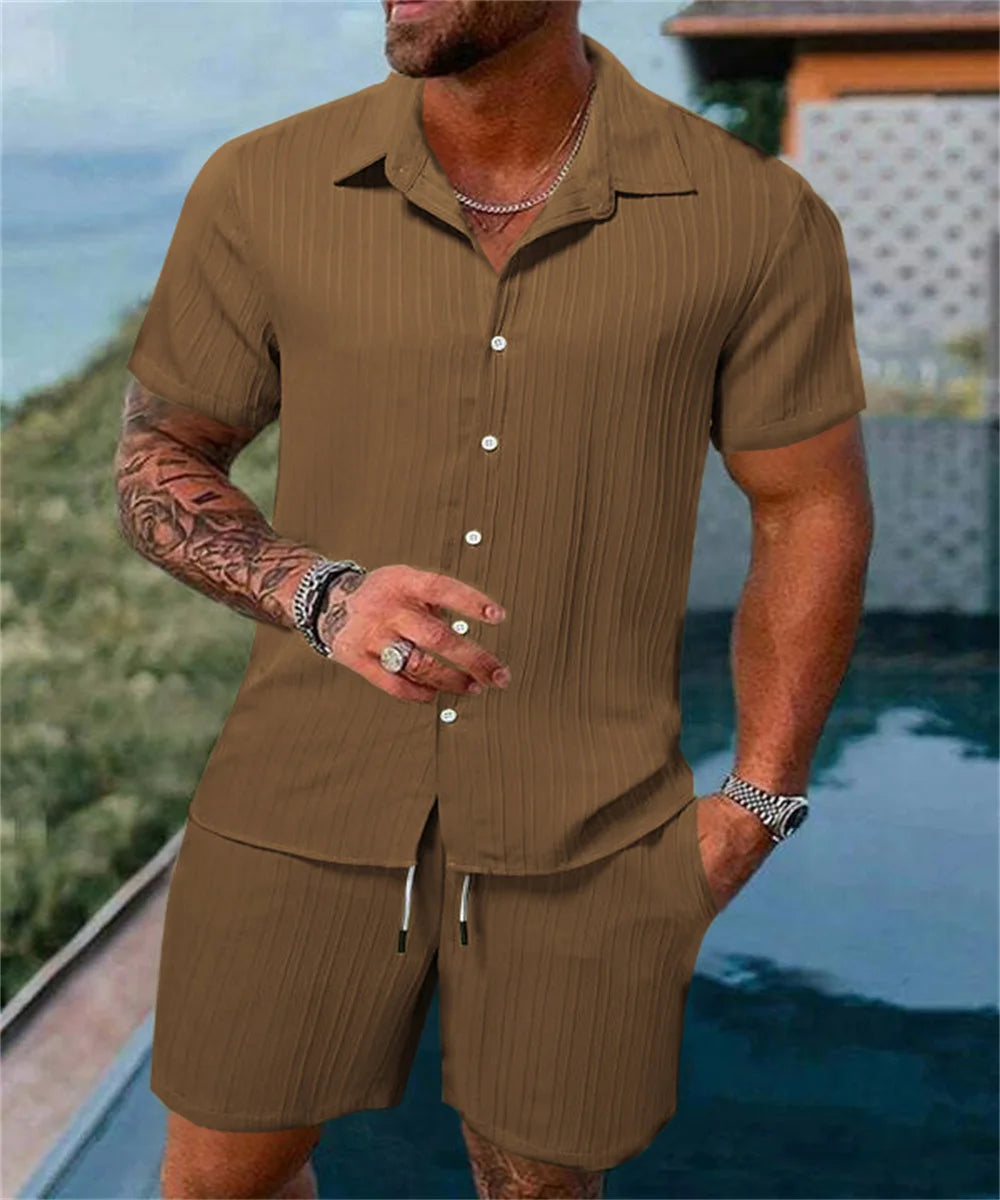 2024 New style Summer Men's Fashion Beach Suit Outdoor Sports Casual Shirt Solid color Loose Short Sleeve Shorts Beach two-piece