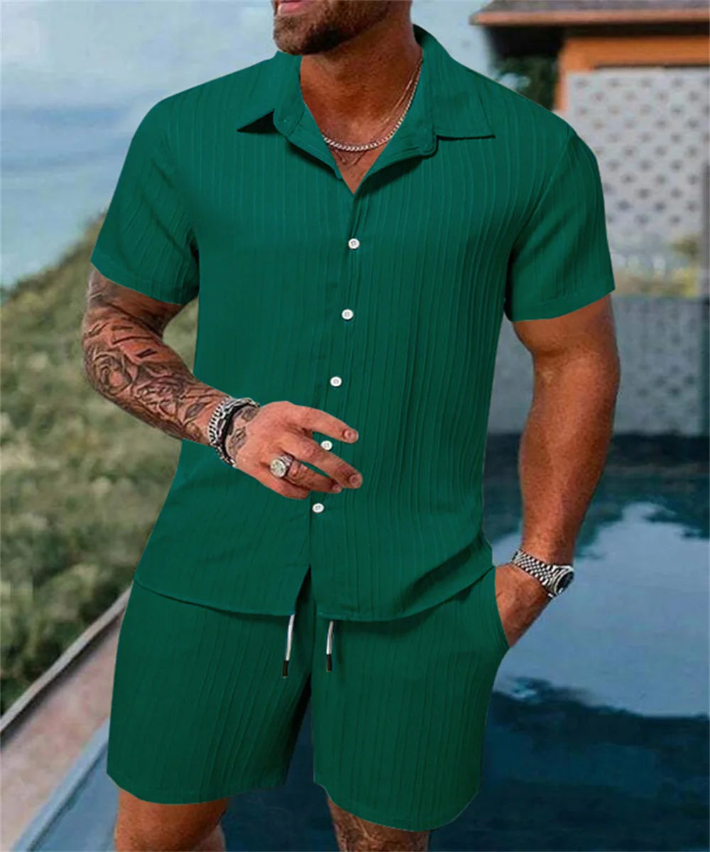 2024 New style Summer Men's Fashion Beach Suit Outdoor Sports Casual Shirt Solid color Loose Short Sleeve Shorts Beach two-piece