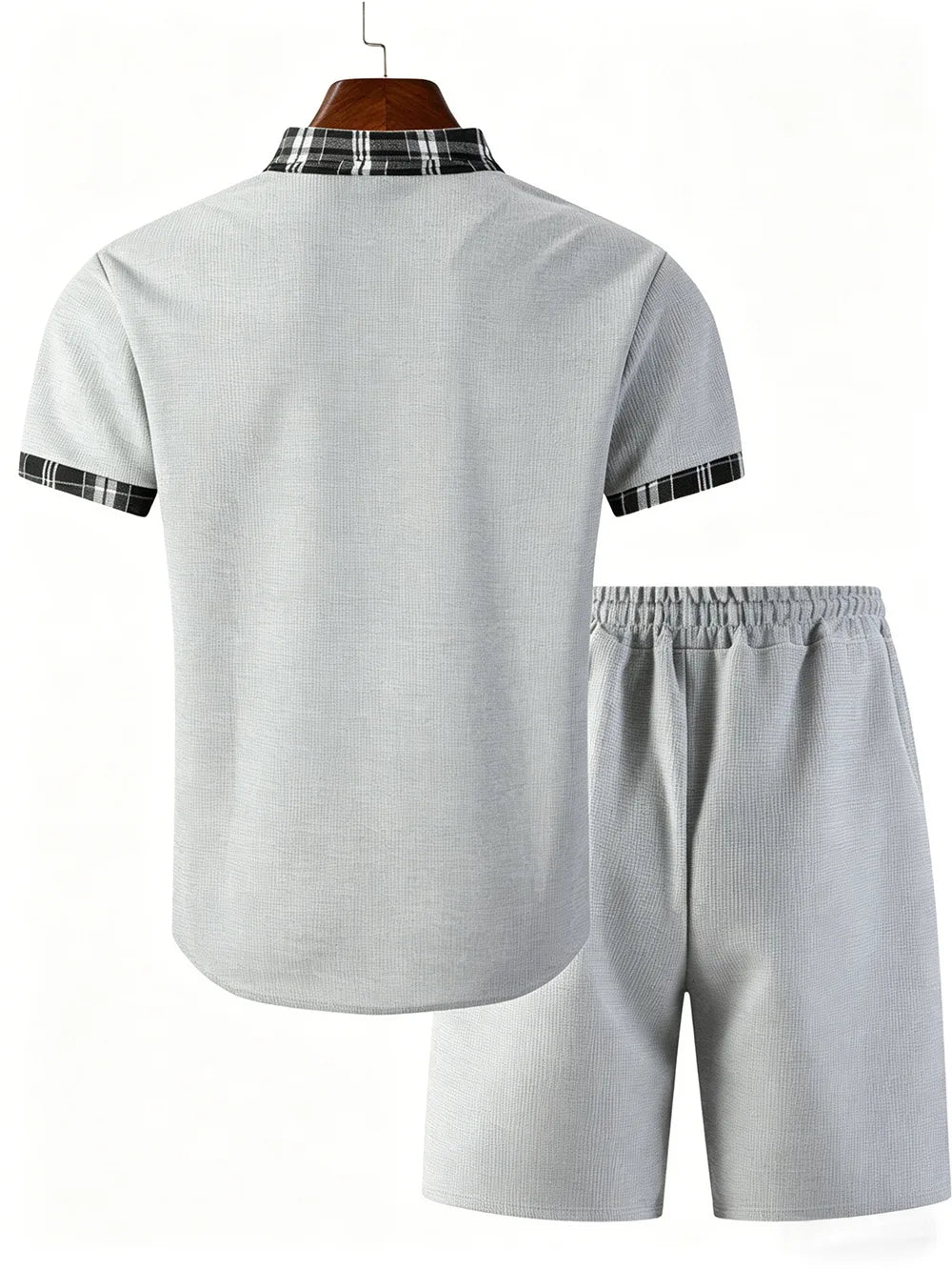 Summer New Waffle Set, Men's Plaid Spliced Short-Sleeve Shirt & Shorts, Casual Two-Piece Outfit F156D