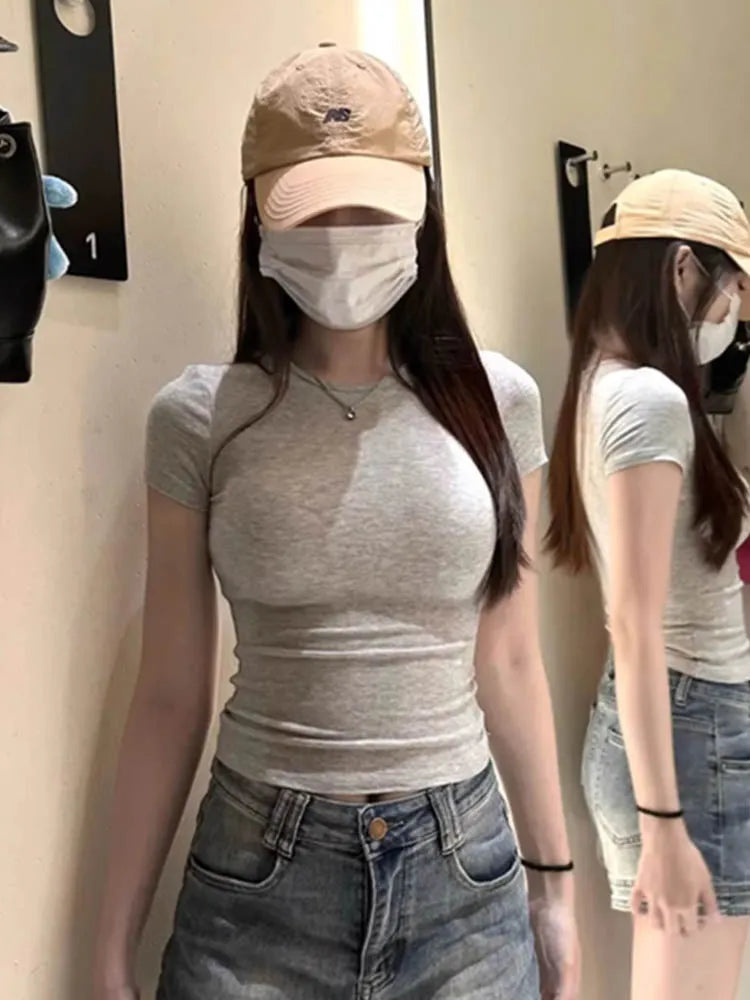 American style spicy girl shoulder T-shirt for women in summer 2025, tight fitting and slimming short top, basic elastic short s
