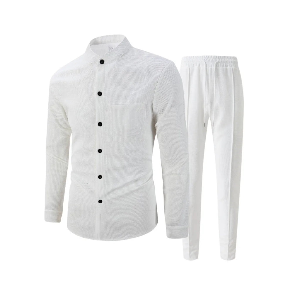 New autumn men's suit, waffle plain-colored long-sleevedshirt with pocket cardigan, stylish men's casual clothing long pants set