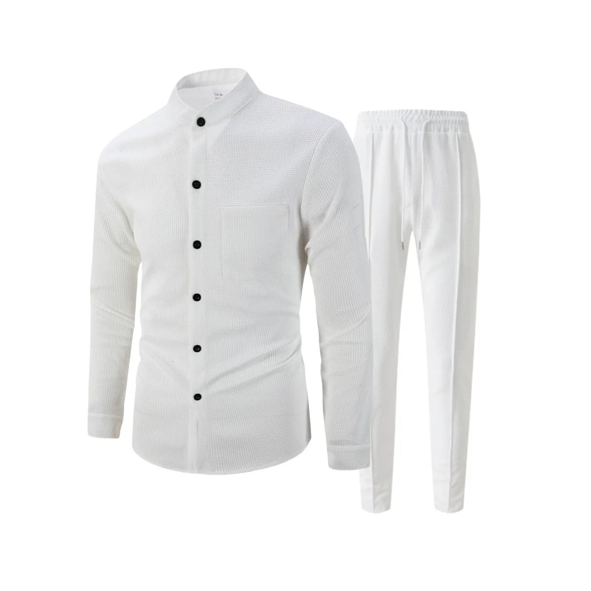 New autumn men's suit, waffle plain-colored long-sleevedshirt with pocket cardigan, stylish men's casual clothing long pants set