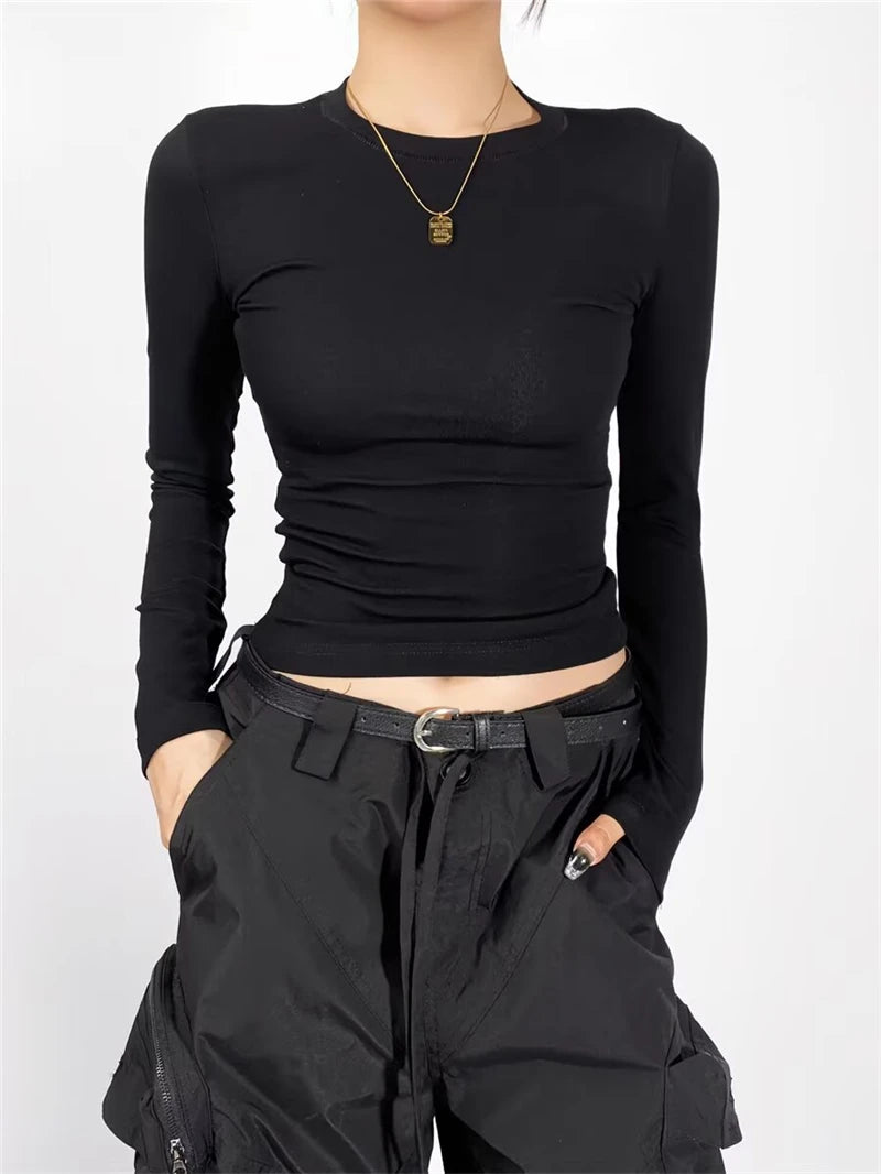 LUNDUNSHIJIA O-neck Long Sleeve T-shirts For Women 2025 New Spring Ladies Solid Cotton Slim Tee Shirts 10 Colors
