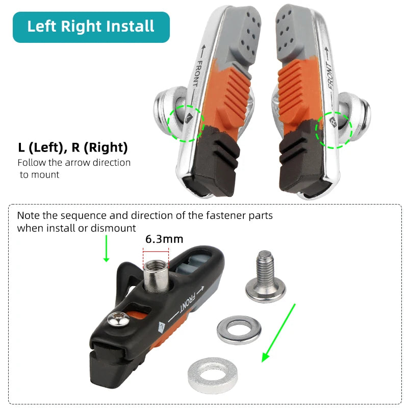 Bicycle Pads W/ 55mm Rubber Brake Inserts for Road Bmx C/V-Brake Alloy Steel Rim Caliper All Weather Use Low Wear Braking Blocks