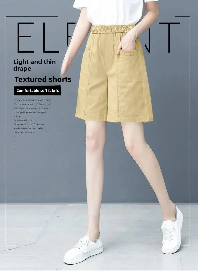 Summer Casual Loose High Waist Slimming Cotton Wide Leg Five-Quarter Length Women's Shorts Versatile Workwear Style Shorts