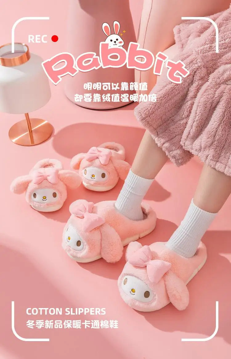 Sanrio Plush Slippers Women My Melody Kawaii Anime Cinnamoroll Cotton Shoes Flat Autumn Winter Keep Warm Non-Slip Cute Girl Gift