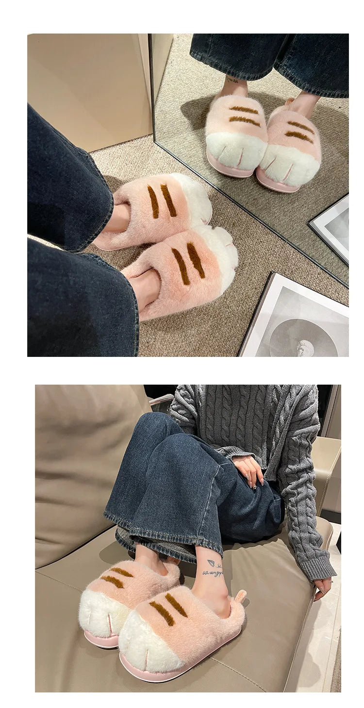 Newest cat paw feet slippers woman fluffy closed heel home shoes for women winter warm slip on animal claw slipper furry loafer