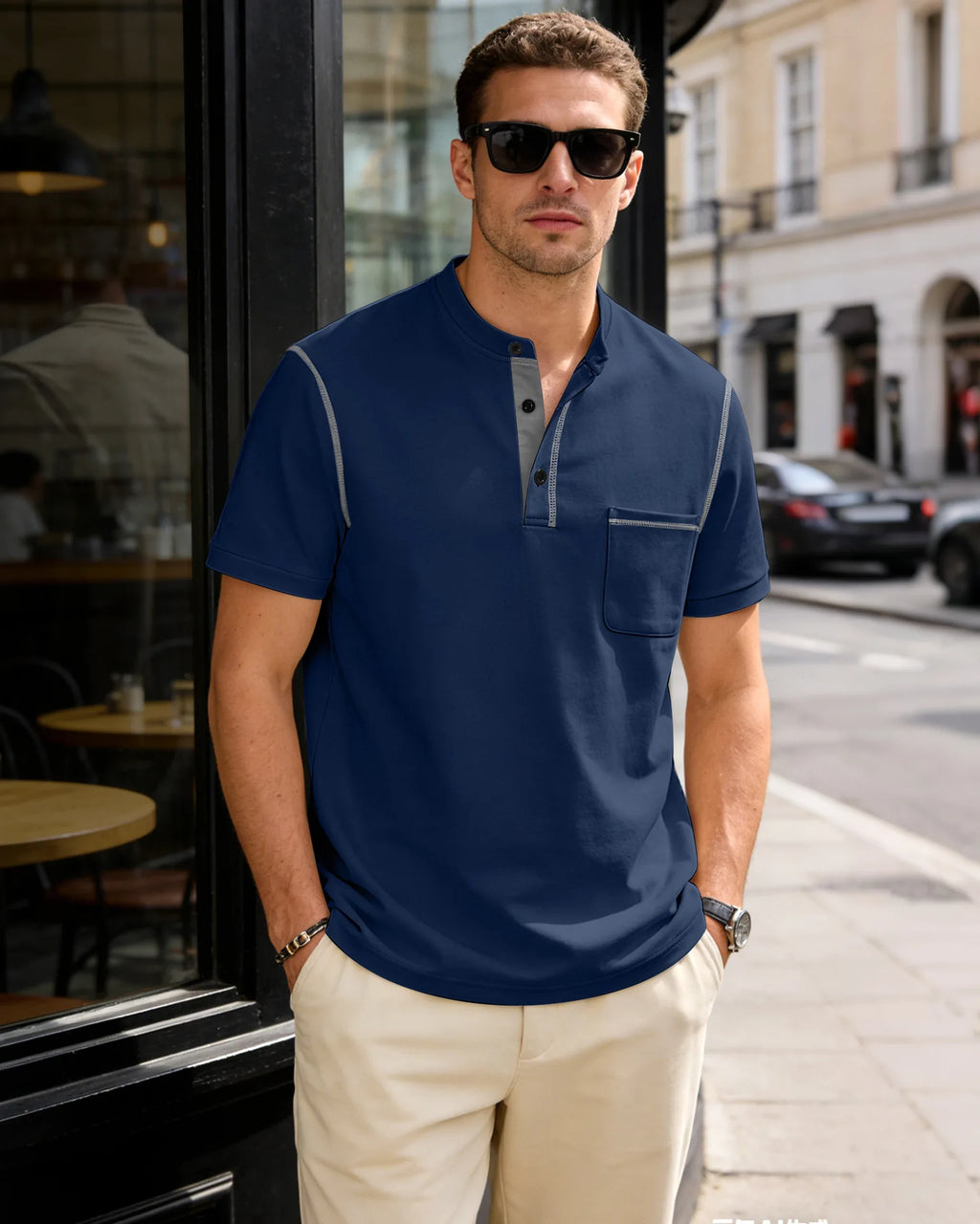 Summer men's fashionable Henry collar half-button short-sleeved moisture-wicking breathable casual American stretch T-shirt top