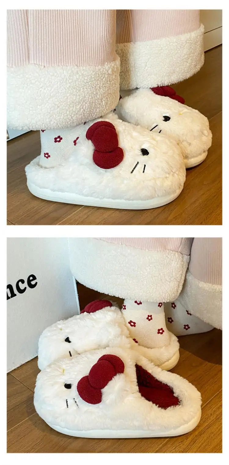 New Cartoon Hello Kitty Plush Slippers Sanrio Cute Female Anime Autumn Winter Home Plus Velvet Warm Thick Sole Baotou Slippers