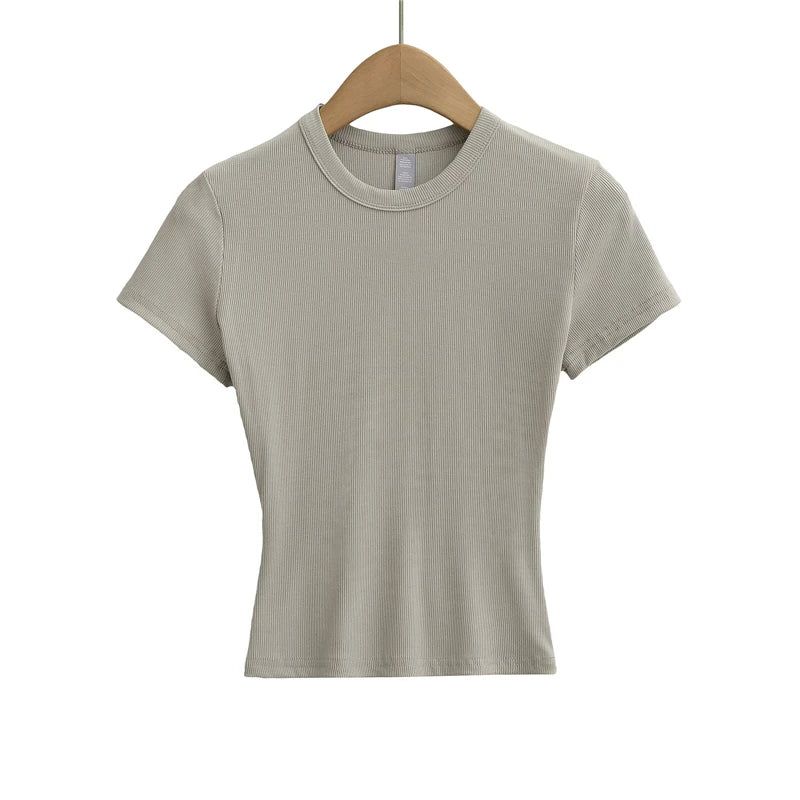LUNDUNSHIJIA 2025 Summer Sexy Women Basic Small O-neck Short Sleeve T-shirt Ladies Slim Elasticity Cotton Short Style Tee Tops