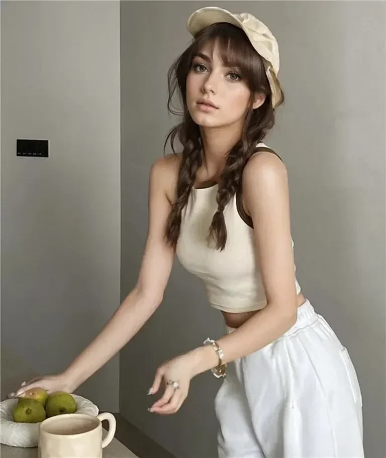 Spring Summer Color Block Sleeveless Vest Outerwear Pure Color Strap Innerwear Sports Top Base Shirt Beautiful Wrap Chest Women