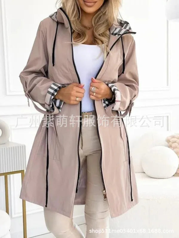 Fashion Trench Coat Woman Autumn Winter Solid Color Versatile Casual Street Style Cardigan Long-sleeved Hooded Plaid Outerwears