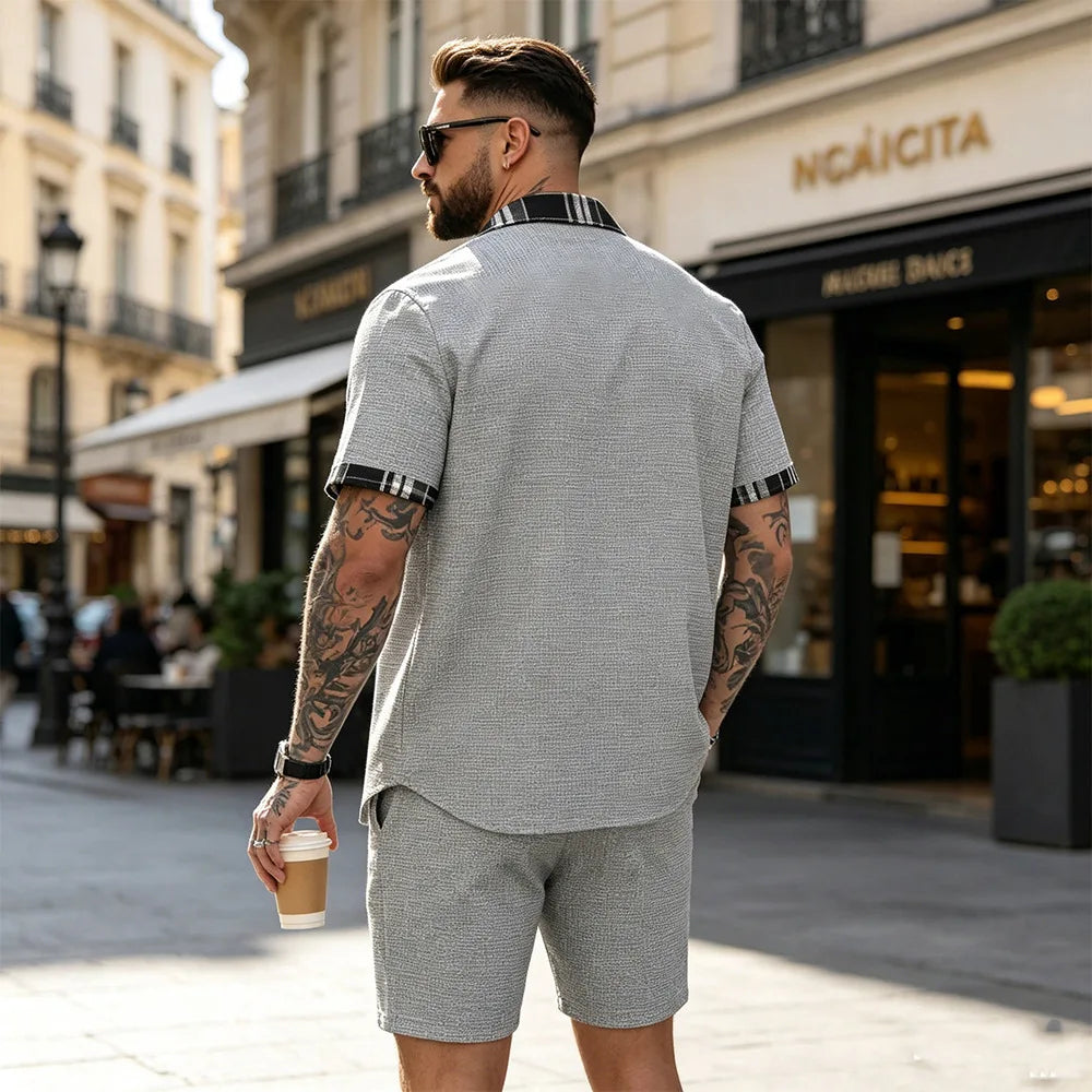 Summer New Waffle Set, Men's Plaid Spliced Short-Sleeve Shirt & Shorts, Casual Two-Piece Outfit F156D
