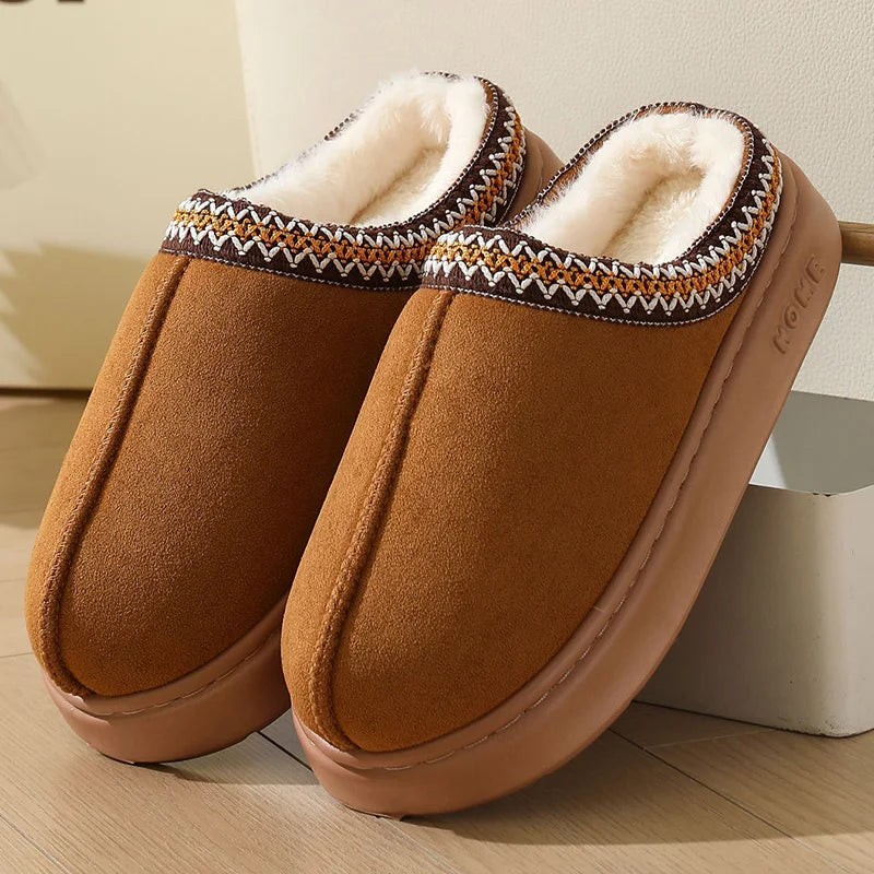 Comfort Thick Bottom Cotton Slippers Women 2025 Winter Warm Thick Plush Non Slip Furry Clogs Shoes Embroidery Suede Snow Boots