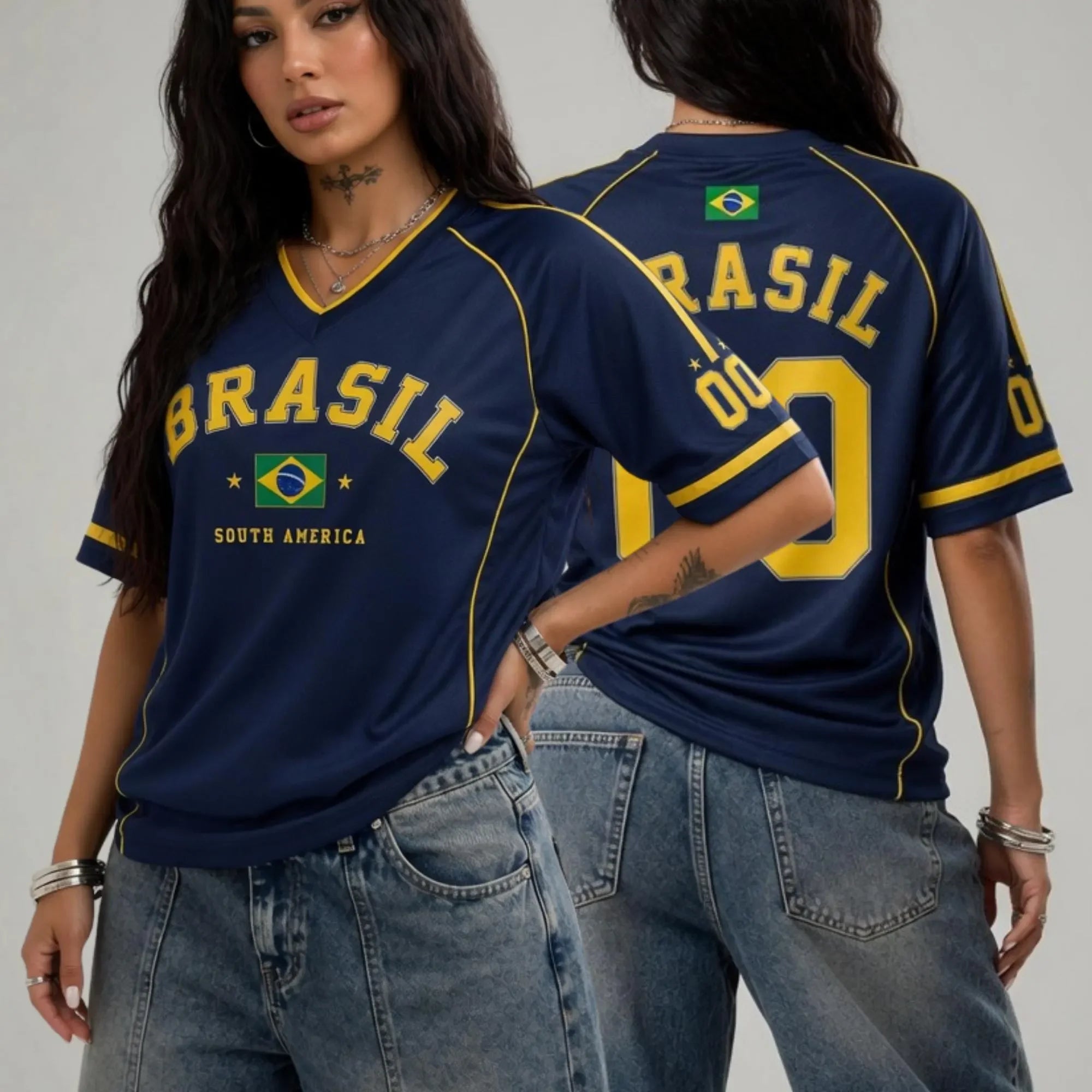 Casual V-neck Women's T-shirts Brazil National Emblem Print Short Sleeve Tees Brasil Fan Football Sports Jersey Female Clothing