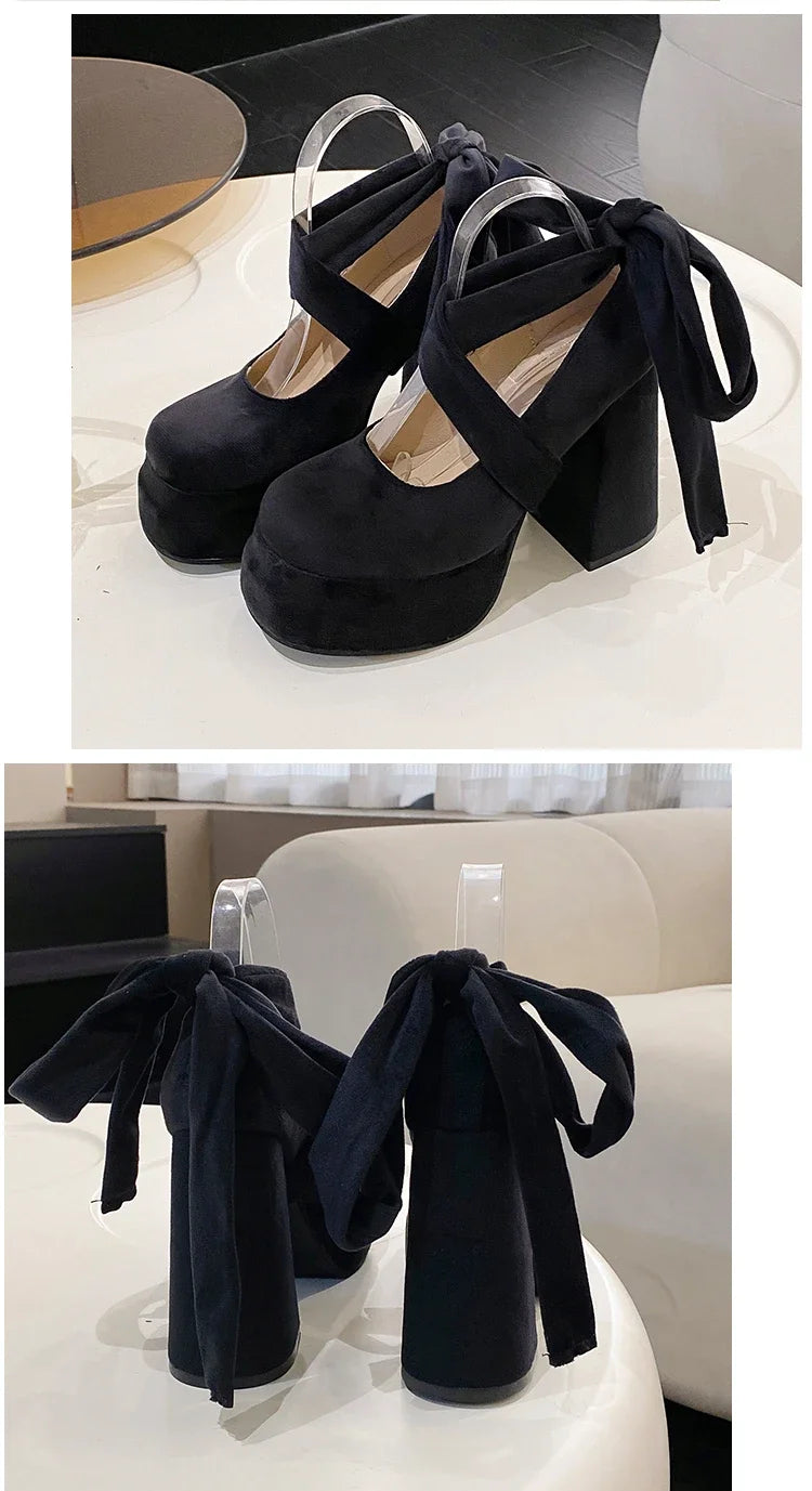 Platform Mary Janes Shoes Women Suede Luxury High Heel Lace Up Trend Lolita Shoes Elegant Chunky Party Pumps Sandalias Muje