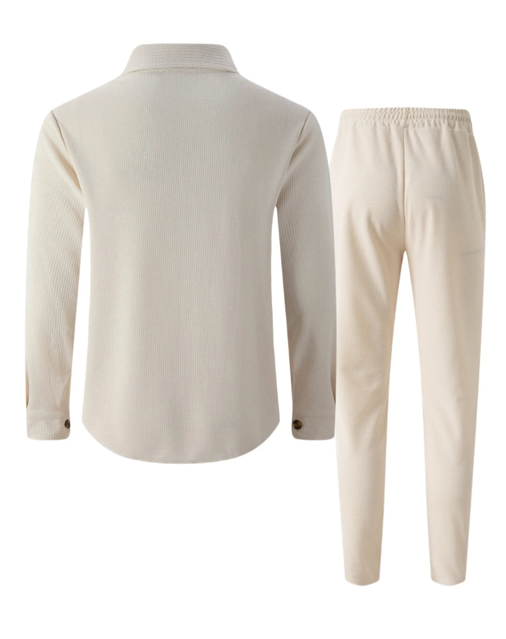 Men's casual two-piece waffle texture suit (including button-down top and elastic waist pants) - fashionable street casual sport