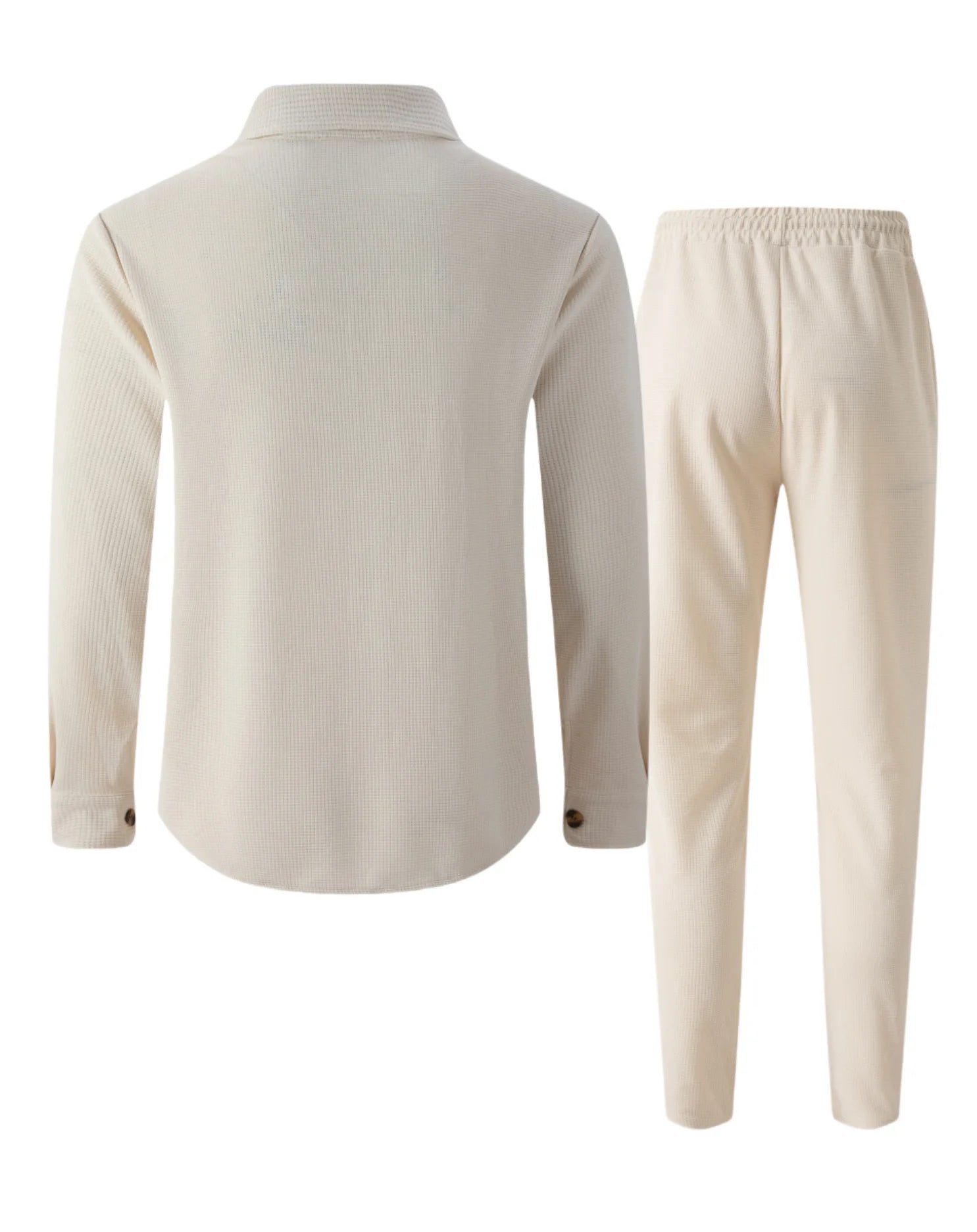 Men's casual two-piece waffle texture suit (including button-down top and elastic waist pants) - fashionable street casual sport