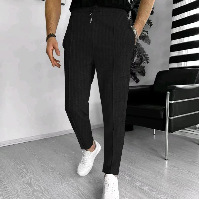 Men Waffle Knit Slim Fit Pants Drawstring Trousers With Pockets Stylish Design Spring Autumn Outdoor Travel Daily Street Wear
