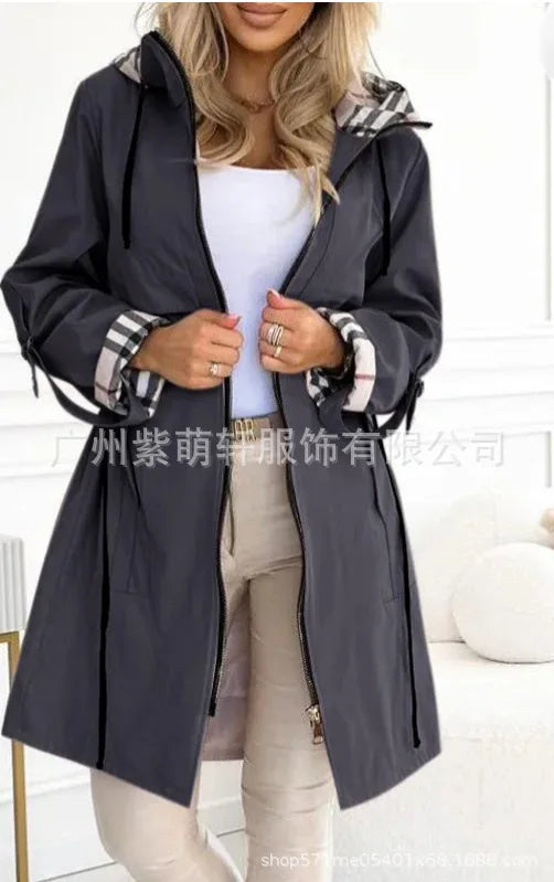 Fashion Trench Coat Woman Autumn Winter Solid Color Versatile Casual Street Style Cardigan Long-sleeved Hooded Plaid Outerwears