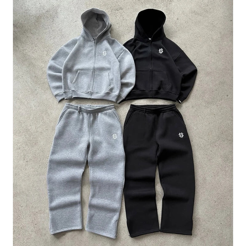 2025 New Men Clothing Tracksuit Hoodie Solid Color Warm Sweater Loose Oversized Sports Suit Pullover Pink Street Fashion