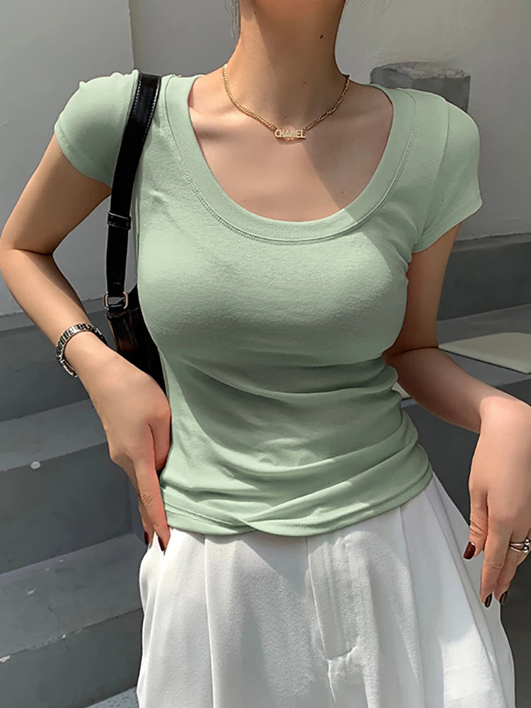 AOSSVIAO 100% Cotton T Shirt Women Summer New Slim Solid Basic Tees 16 Color Casual Tshirt Korean O Neck Khaki Tops