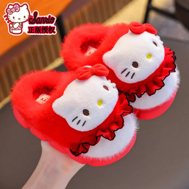 Sanrio Kawaii Girls Plush Slippers Cute Kuromi Hello Kitty My Melody Cartoon Student Winter Home Indoor Anti-Slip Warm Shoes