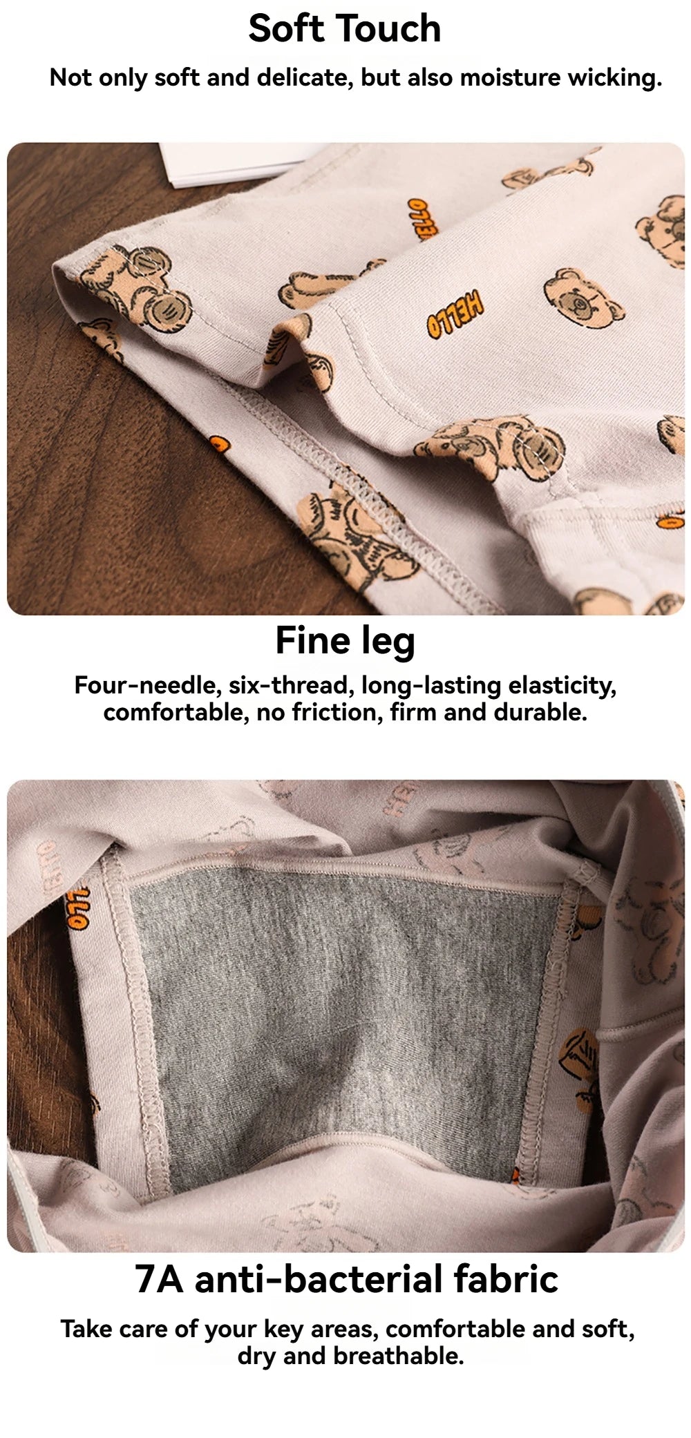3PCS/Pack Autumn Winter Cotton Cute Bear Print Women's Panties Antibacterial Breathable Crotch Underwear Comfortable Soft Linger