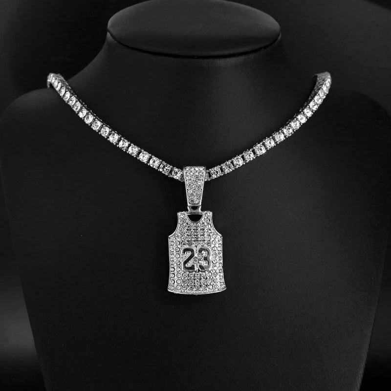 Hip Hop Rhinestone Number 23 Basketball Pendant Necklace Hiphop Iced Out Chain Sports Necklaces For Men and Women Jewelry Gift